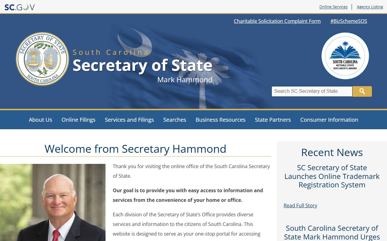 SC Secretary of State site for Myrtle Beach white pages business lookup