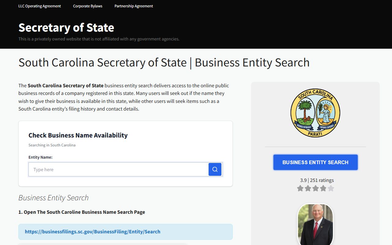 South Carolina white pages business entity search